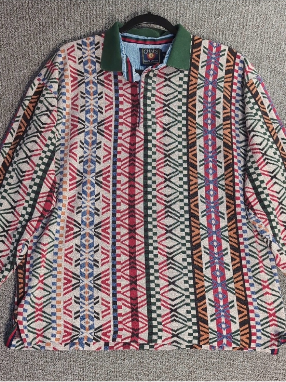 Vintage 90s Chaps Ralph Lauren Abstract Southwestern Pattern Knit Rugby Polo XL